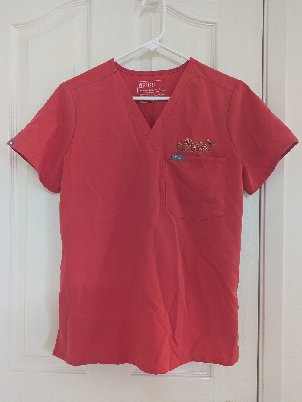 FIGS Technical Collection Scrub Top with Floral Pocket Embroidery - Red Orange
